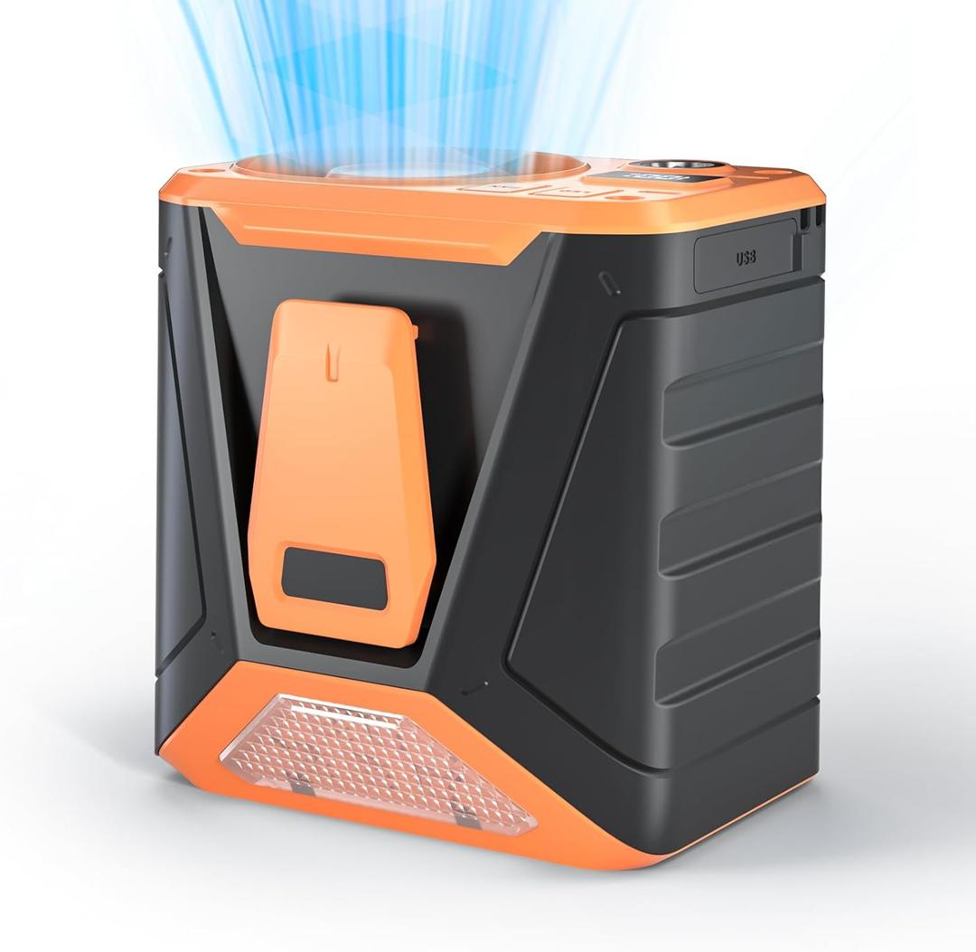 Portable Waist Fan, Personal Cooling Fan with Emergency Light, 6000mAh Rechargeable Battery, 11500RPM Ultra Strong Airflow, Clip on Belt Neck Hanging Multiple for Outdoor Work, Hiking, Camping (Orange)