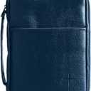 Blue Embossed Cross with Front Pocket Leather Look Bible Cover with Handle, Large