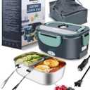 Buddew Electric Heated Lunch Box, 80W Fast Heating, 1.5L Food-Grade 304 Stainless Steel, 12V/24V/110V Portable Food Warmer for Car Truck Office Adults, Lonchera Electrica Portatil (Green)