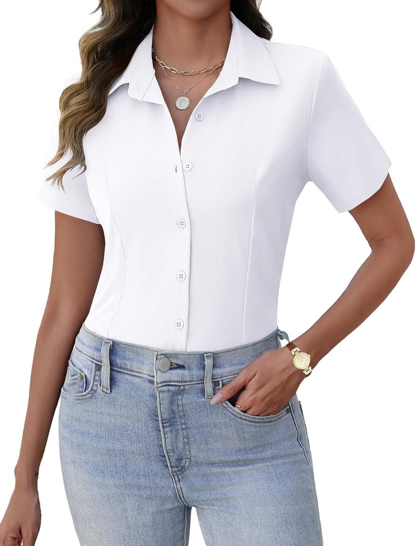 Zeagoo Women's Button Down Shirts Short Sleeve Dress Shirts Basic Business Collared Work Blouses (Medium, White)