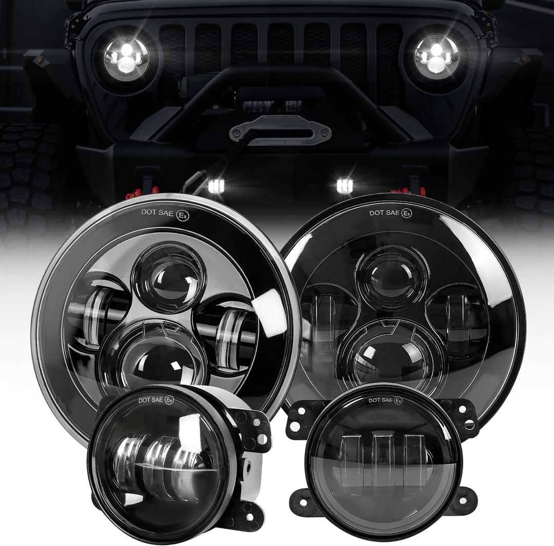 Round LED 7 Inch Headlights+4 Inch Fog Lights with Hi/Lo Beam DOT Approved H6024 LED Headlights Compatible with Jeep Wrangler 97-2017 JK TJ LJ, Plug & Play