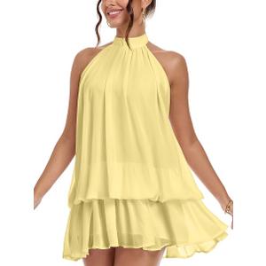 Party Mini Dress for Women Premium Feel Ruffled Bubble Dress Self-Tie Strap Sexy Sleeveless Backless Fitted Dress Lemon Yellow S