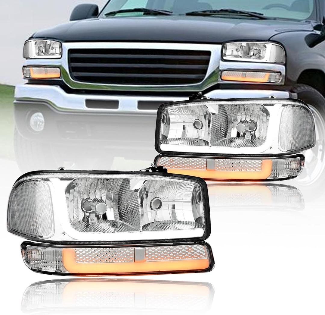 LED DRL Headlights Assembly Compatible with 1999-2007 GMC Sierra / 2000-2006 Yukon XL 1500 2500 Excluding Denali Vehicles Clear Reflector Chrome Housing