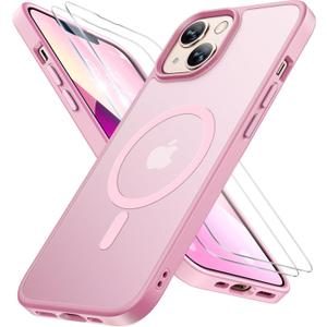 Miracase Magnetic for iPhone 13 Case 6.1 inch (Compatible with MagSafe)with 2X Screen Protectors Military-Grade Protection, Anti-Fingerprint Translucent Matte Phone Case Cover, Mes Pink