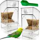 Hamiledyi 2Pcs No Mess Bird Feeder Automatic Bird Cage Feeder Transparent Acrylic Parrot Seed Food Container with Perch for Parakeet Finch Lovebirds Budgies Canary