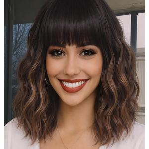 Brown Highlights Blonde Wig with Bangs for Women 12inch Short Blonde Bob Wavy Curly Hair Wigs Heat Resistant Hair Replacement Wigs for Daily Use Cosplay Costume Halloween