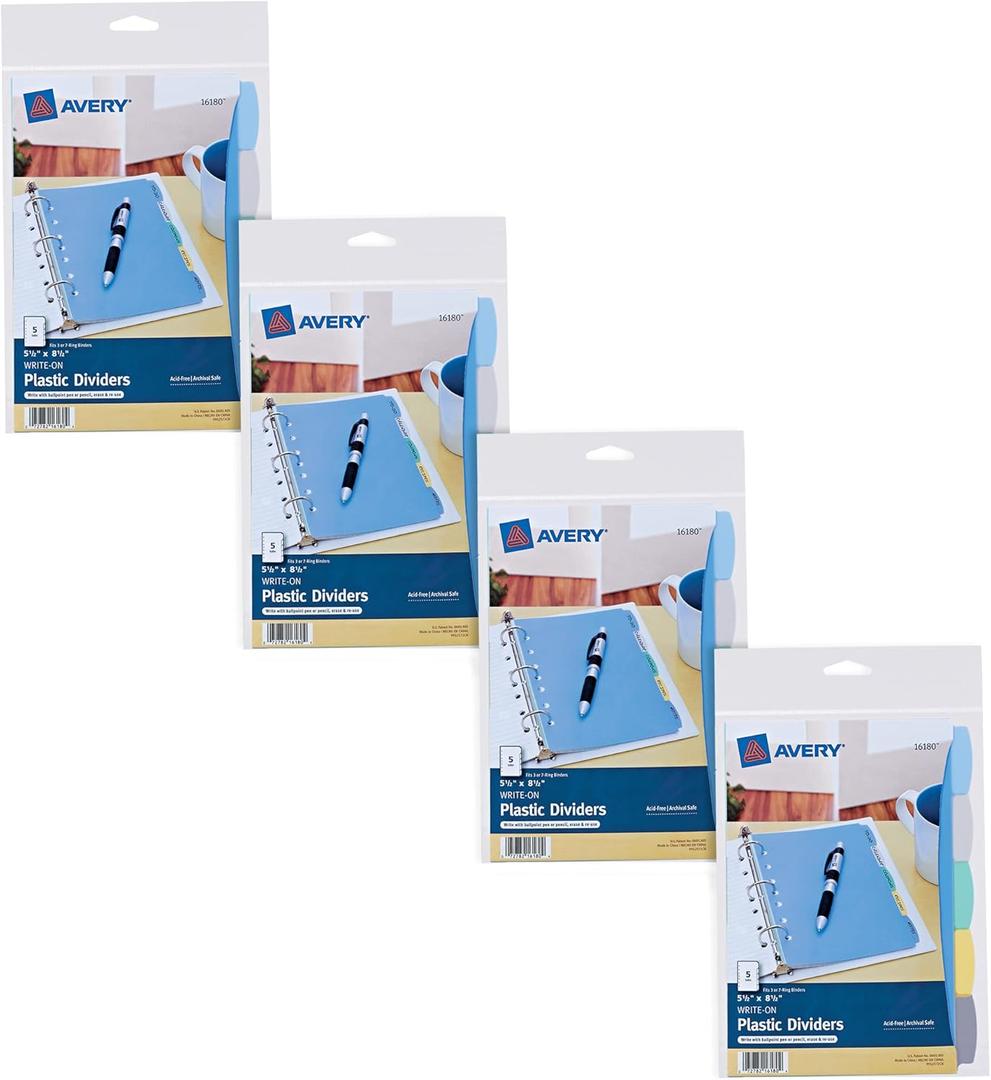 Avery Write & Erase Durable Plastic Mini Dividers for 3 Ring Binders and 7-Ring Binders, 5.5" x 8.5", 5-Tab Sets, Multicolor, 4 Binder Divider Sets (21982)