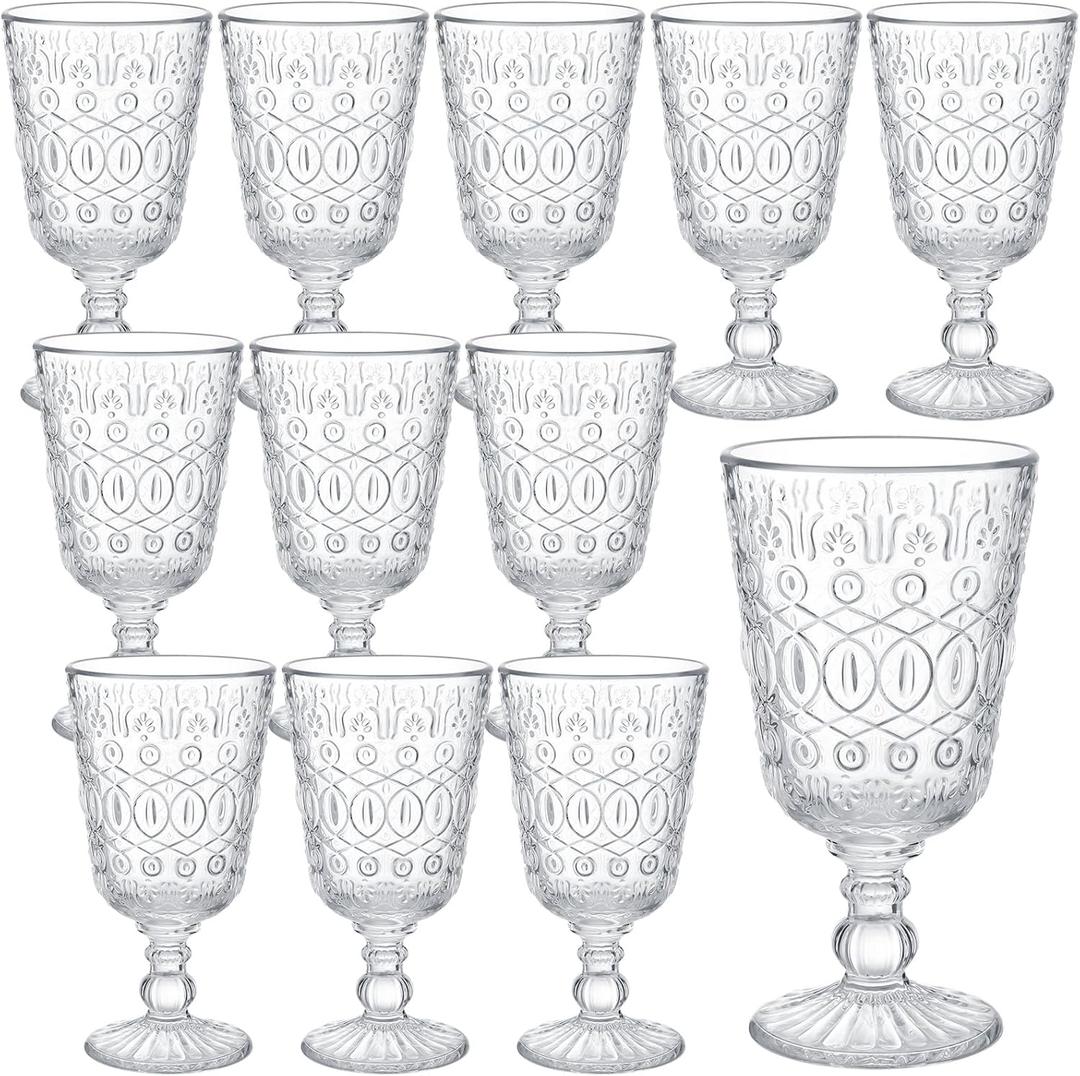 Eaasty Glasses Set of 12 Vintage Goblet 9 oz Vintage Colored Glass Goblet Beverage Stemmed Glass Cups Romantic Embossed Glassware for Wedding Party Holidays Anniversary (Clear)