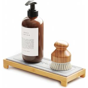 SpaceAid DryingNeat Instant Dry Sink Caddy Organizers, Kitchen Sponge Soap Holder Dispenser, Countertop Fast Drying Counter Tray Rack (Bamboo, Gray)