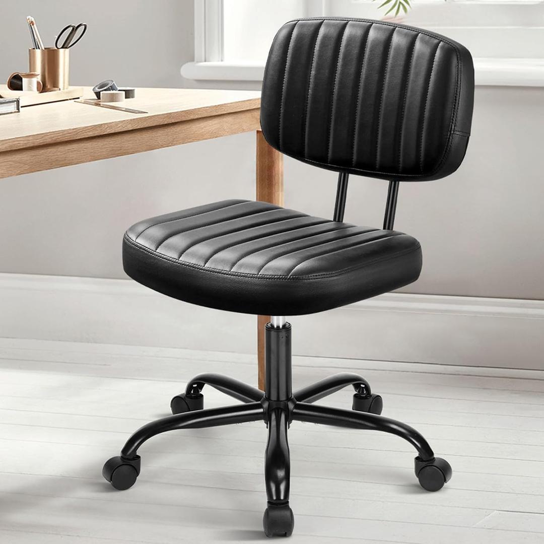 DUMOS Small Armless Home Desk Chair with Low Back Lumbar Support, Height Adjustable PU Leather Computer Task Chair with 360 Swivel Wheels, for Small Space, Kids and Adults, New Black