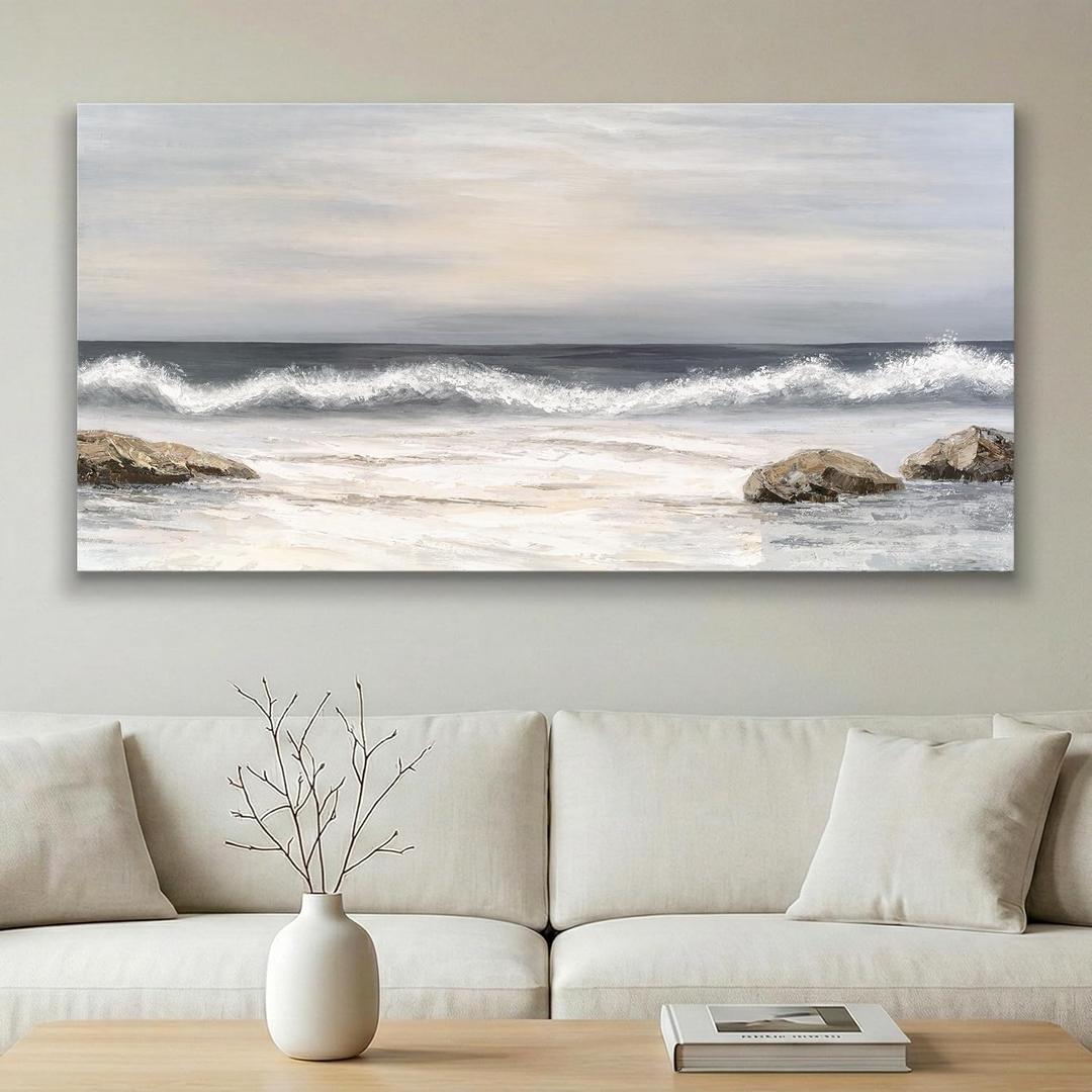 SENROLAN Coastal Seascape Canvas Wall Art, Neutral Blue Grey Ocean Waves Wrapped Canvas Print, Extra Large Horizontal Wall Decor for Living Room Above Sofa, Ready to Hang, 58x29 Inch