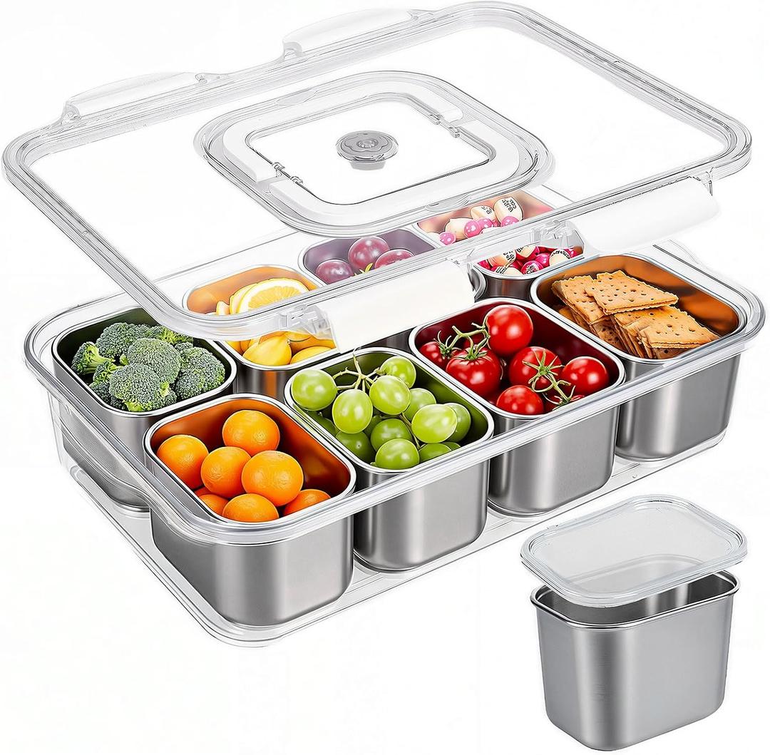 Snackle Box Container, 304 Stainless Steel Snack Containers, Portable Snacklebox for Veggie, Candy, Divided Serving Tray with Lid and Handle, 8 Compartment Fruit Platter for Party, Picnic, Travel