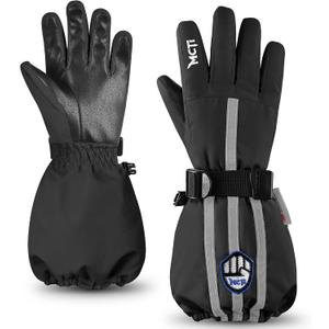 MCTi Kids Gloves Waterproof Winter Warm Snow Ski Gloves Long Cuff Fleece Lined with Reflective Strap (Black, XS)