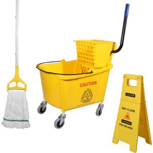 Side Press Wringer Combo Commercial Mop Bucket on Wheels, 35 Quart,Yellow, Including Wet Floor Caution Sign24Inch and One Industrail Mop