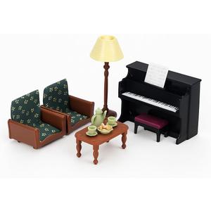Family Dollhouse Living Room Set Piano with Bench & Sheet Music, Two Armchairs, Coffee Table, Floor Lamp & Tea Set Dollhouse Furniture & Accessories for Ages 3+