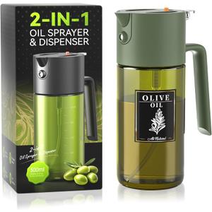 2-IN-1 500ml/17oz Light-Blocking Dark Oil Sprayer for Cooking W/Stickers, Dark Green Glass Olive Oil Dispenser Bottle for Kitchen, Even Spray with Portion Control, Perfect for Air Fryer, BBQ -Green