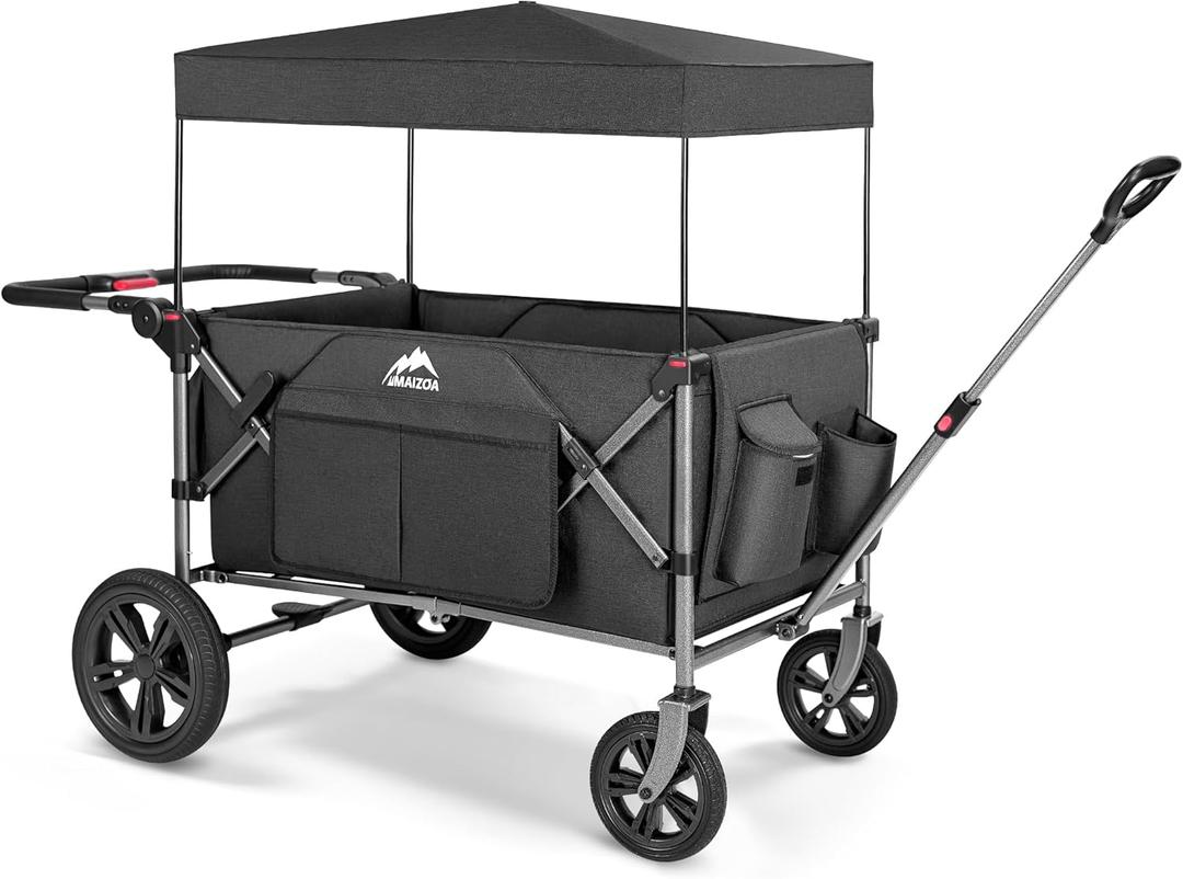 Foldable Wagons for Two Kids & Cargo, with 5-Point Harnesses,Adjustable Push/Pull Handle, Removable Sun Canopy, One-Step Locking Design, Suitable for Family Travel, Two Children Ride, Black