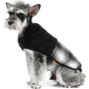 FOFOS Dog Winter Coat, Plush Dog Jacket with Leash Hole, Adjustable Warm Pet Snow Vest for Small Medium Dogs, Black, L