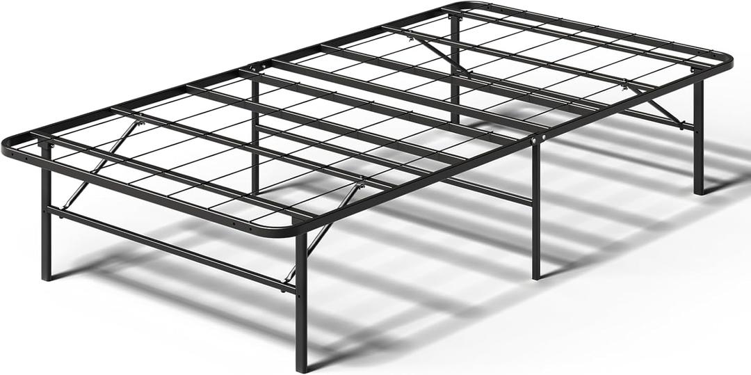 14 Inch Foldable Bed Frame, Twin Bed Frame Metal Platform with Steel Slats, No Box Spring Needed, Tool Free Assembly, Quiet & Sturdy Base for Apartment, Dorm, Small Rooms (Black)