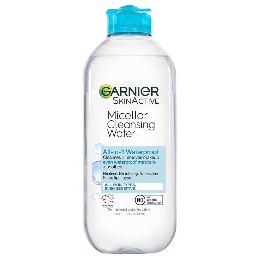 Garnier Micellar Water For Waterproof Makeup, Hydrating Facial Cleanser & Makeup Remover, Suitable for Sensitive Skin, Vegan, Cruelty Free, 13.5 Fl Oz (400mL), 1 Count