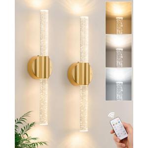 Peel and Stick on Gold Battery Operated Wall Sconces Set of 2, Rechargeable Magnetic Linear Wall Lights for Bedroom, Wireless Sconces with Remote & Touch Control, 3CCT & Dimmable Wall Lamp for Living Room