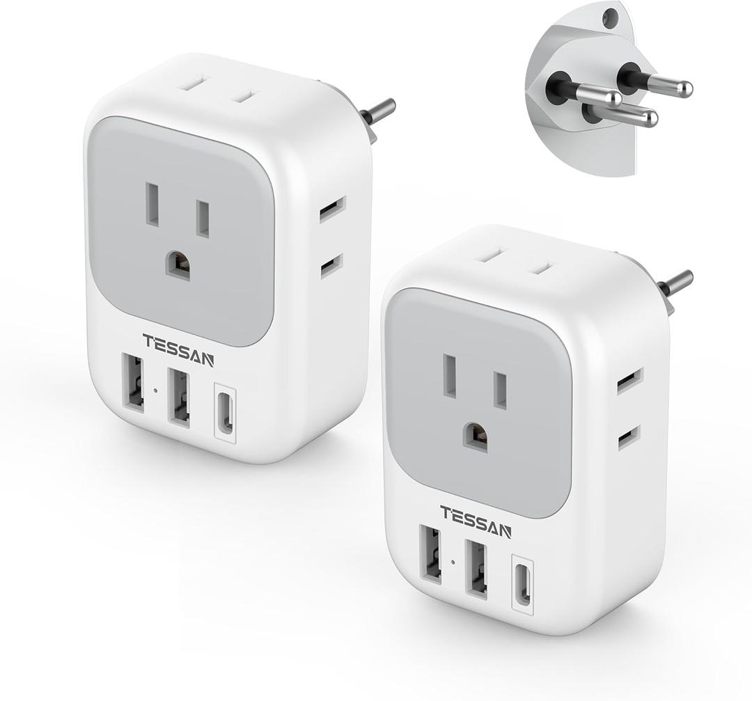 Switzerland Power Adapter 2 Pack, TESSAN Type J Adaptor with 4 Outlets 3 USB Charging Ports(1 USB C), Swiss Travel Plug for US to Switzerland, Liechtenstein, Rwanda