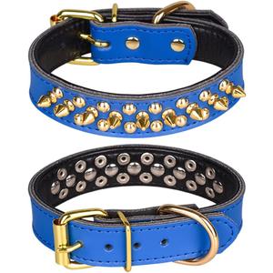 Spiked Studded Dog Collar, Genuine Leather Dog Collar, Adjustable Pet Collars for Small or Medium Pet (L, Dark Blue)