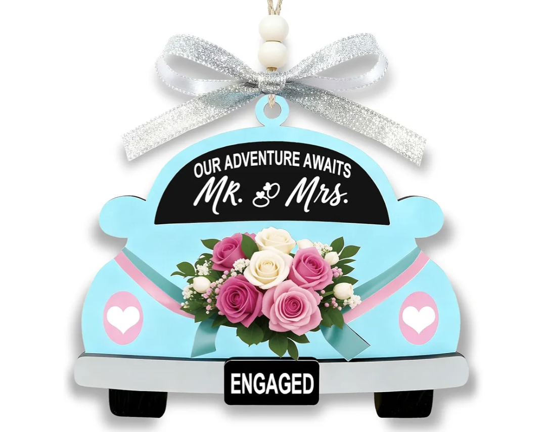 Valentine’s Day Engagement Gift for Couples – “Our Adventure Awaits” Wooden Car Hanging Ornament, Just Engaged Keepsake for Future Mr & Mrs, Romantic Bride to Be Gift, Pack of 2