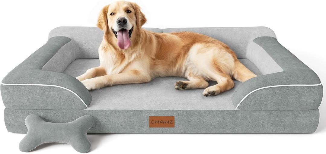 CWAWZ Extra Large Dog Bed, Orthopedic Dog Bed with Cooling Gel Memory Foam, Waterproof XL Pet Bed with Removable Washable Cover, 42" Pet Sofa Couch Dutch Velvet with Bone Toy, Light Gray