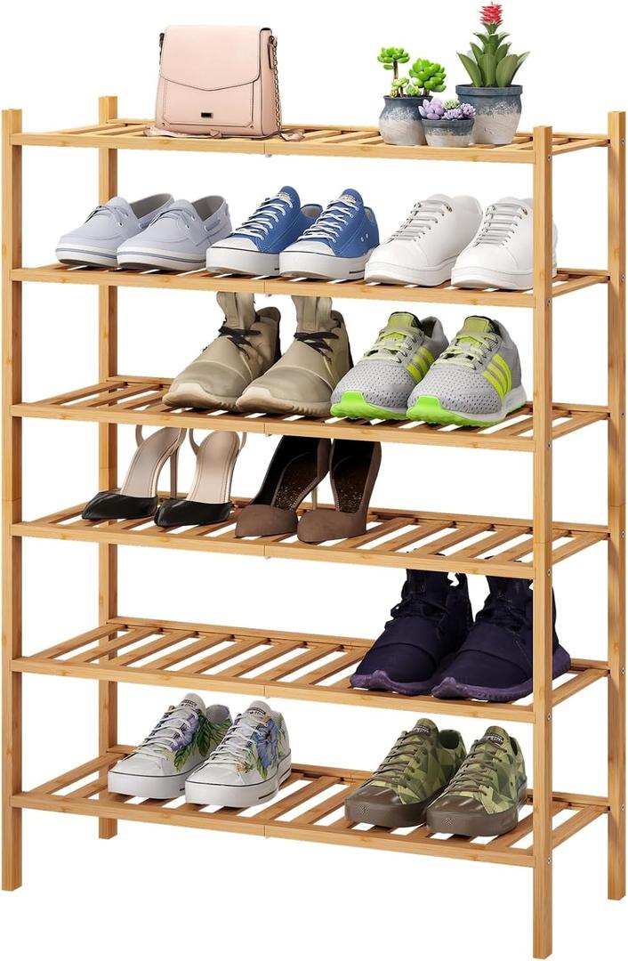 6-Tier Bamboo Shoe Rack for Entryway, Stackable | Foldable | Natural, Shoe Organizer for Hallway Closet, Free Standing Shoe Racks for Indoor Outdoor (Natural Bamboo)
