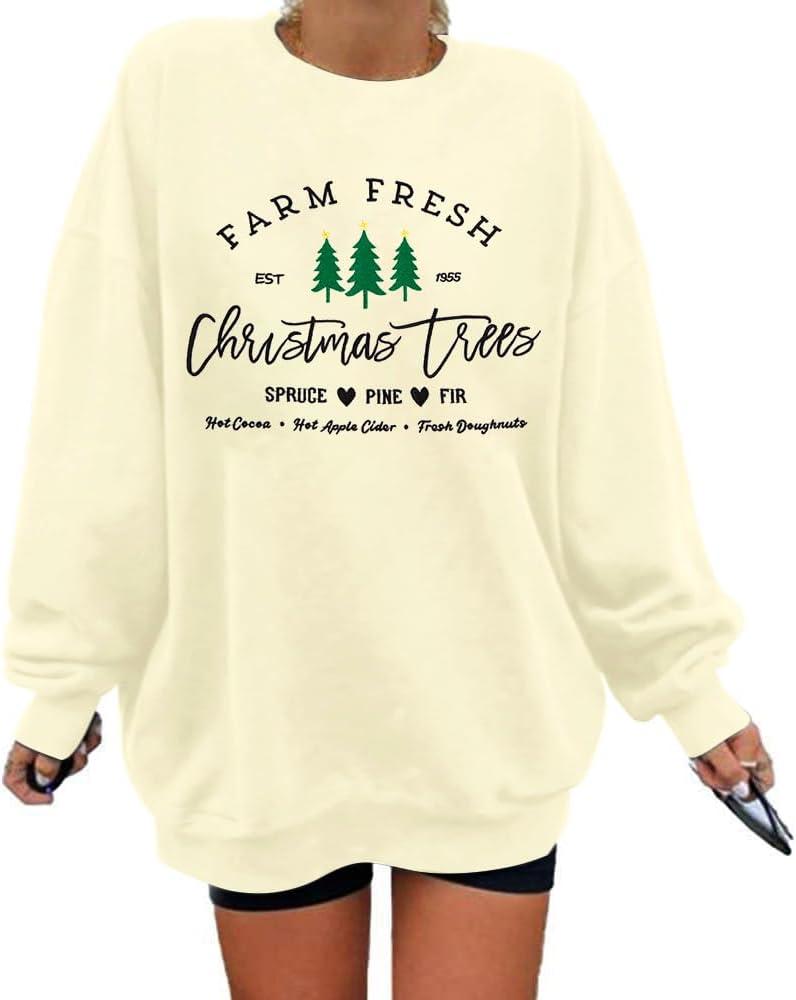 MYHALF Womens White Christmas Sweatshirt Crewneck Christmas Tree Graphic Shirts Oversized Xmas Pullover Sweater (Medium)