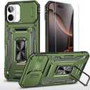SunStory Phone Case for iPhone 16 Case with HD Screen Protector & Slide Camera Cover & Rotated Ring Kickstand, [Military-Grade] Phone Case for iPhone 16 6.1" (Z_OliveGreen)