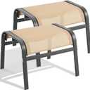 ONBRILL Outdoor Ottoman Set of 2, All Weather Outdoor Foot Stool with Supportive Textliene and Metal Frame, Stackable Oversized Outdoor Foot Rest for Furniture Patio Garden Pool, Beige