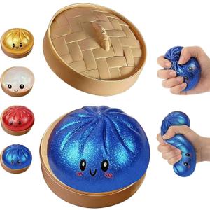 Glitter Dumpling Squishy Box, Dumpling Squishies, Sensory Squeeze Toy for Stress Relief, Soft Decompression Dough for Adults Office and Home Use (Blue Emoji bun)
