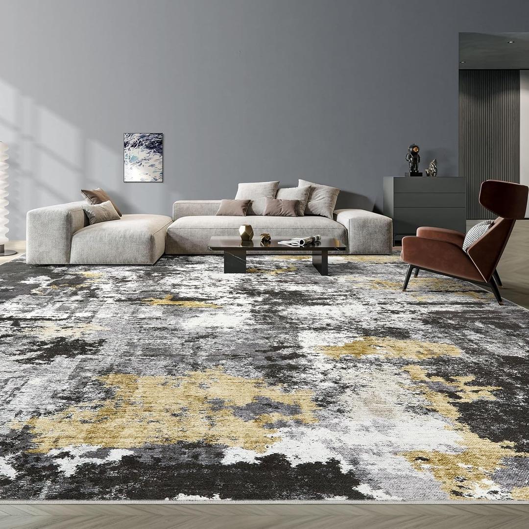 Washable Rug 12x15 Area Rugs for Living Room: Modern Abstract Neutral Soft Carpet for Bedroom Dining Room Under Kitchen Table Home Office Decor - Black Glod