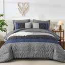 Dinjoy Full Size Comforter Sets,Gray Blue Boho Bedding Set Soft 7 Piece Bed in a Bag Striped Comforters with Sheet Set Microfiber Complete Sets with Plaid for All Season