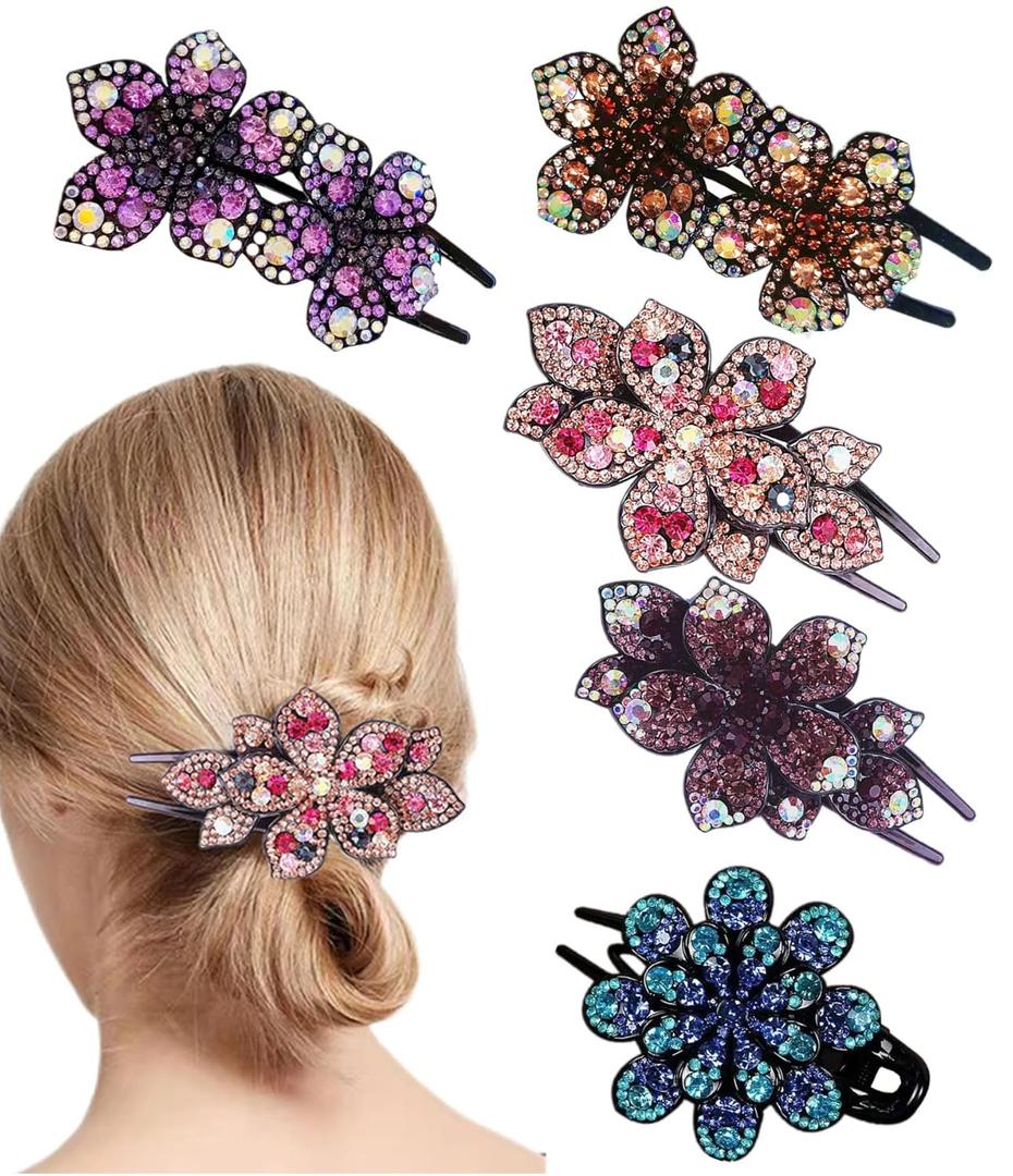 5 Pcs double flower decorative jeweled rhinestone hair clip pretty fancy floral thick crystal hair clips for women beautiful fashion designer asian accessories long chinese korean vintage ornaments