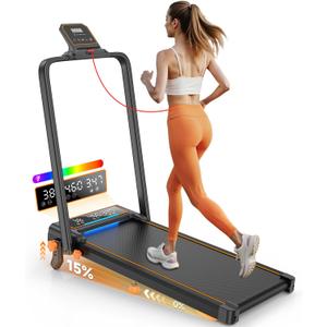 Treadmill Walking Pad with 15% Incline/Handle Bar/2 LED Display, 3.5HP Portable Treadmills for Home Small, Foldable Walking Pad Treadmill 350+lb Capacity, Smart App, 4 Adjustable Incline, RGB Light