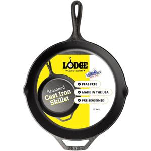 Lodge Seasoned Cast Iron Skillet 12 Inches - PFAS-Free, Non-Toxic Cookware - Use with an Oven, Stove, Grill, or Campfire - Naturally Non-Stick & Oven Safe