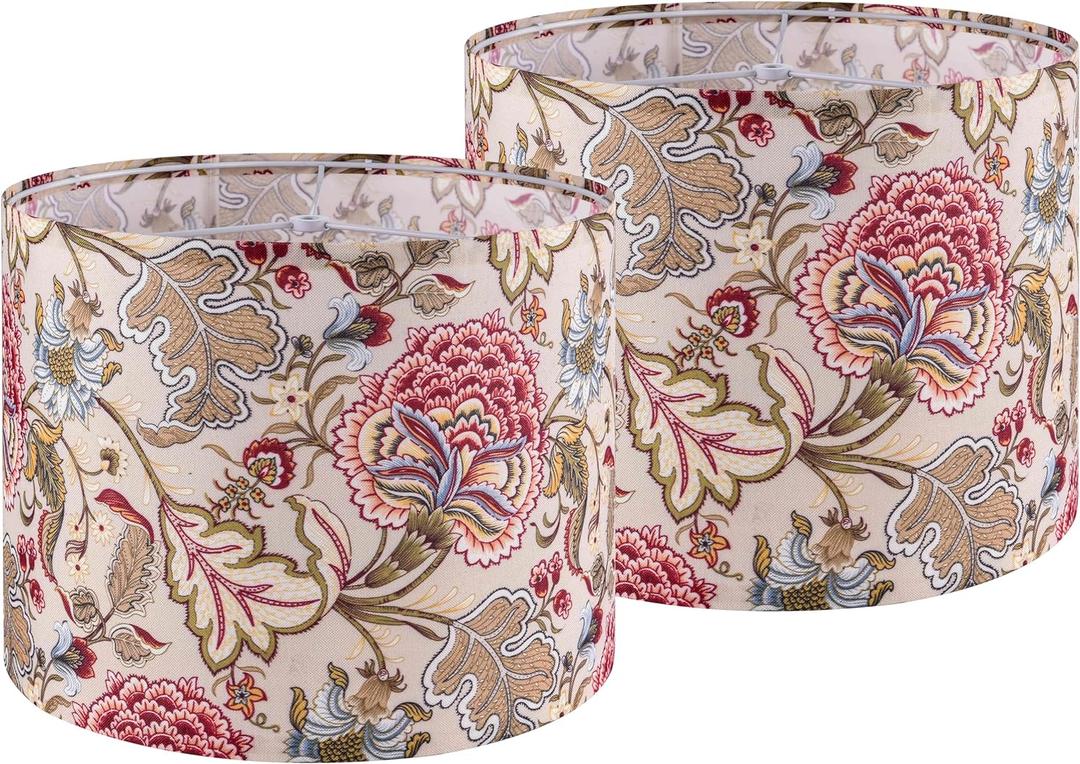 GOSO 2pcs Medium Lampshade Polyester Fiber Printing Flowers Plants Drum Lamp Shade For TableLamp,Floor Lamps,Diy Pendant Light,Spider Fitter 13 "Top x 13" Bottom x 10 "High,Assembly Required