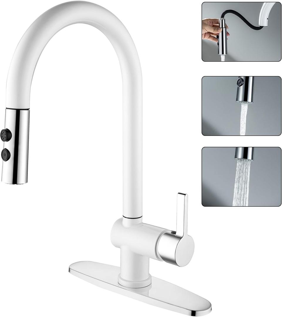 LIWEIKE Utility Sink Faucet, Laundry Sink Faucet with Pull Down Sprayer for 1 or 3 Holes White Sink Faucet Suits for Garage, RV, Outdoor, Lanundry & Ulitity