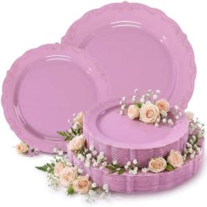 Tinybee 60PCS Light Purple Plastic Plates - Heavy Duty Purple Disposable Plates with A Pink Hue, Elegant Plastic Plates for Wedding and Party Including 30 Dinner Plates 10'' & 30 Dessert Plates 7.5''