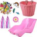 Aurelema Doll Bike Seat with 28 Pcs Stickers Decals Bicycle Basket for Kids Handlebar Streamers Colorful Ribbons Tassel Daisy Bike Bell for Girls Boys Bicycle Accessories Christmas Kids Gift (Pink)