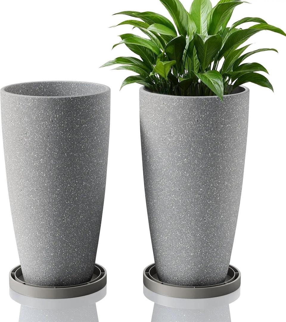 ZMTECH 2 Packs 21 inch Tall Planter, Indoor Outdoor Round Planter for Porch, Large Plant Pot with Drainage Hole for Home Garden Front Door, Modern Decorative Pots for Plants (Light Gray)