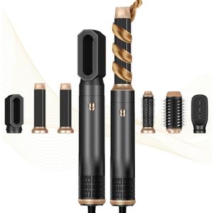6 in 1 Hair Dryer Brush, Blow Dryer Brushies Ionic Hair Dryer, Oval Hot Air Brush, Hair Curler Straightener Magic Styler Autowrap Air Styler (Black Gold)