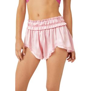 Mxiqqpltky Satin Pajama Shorts for Women Y2k Lounge Pj Shorts Smocked Elastic Waist Loose Fit Ruffle Pajama Bottoms Sleepwear (Small, Pink)