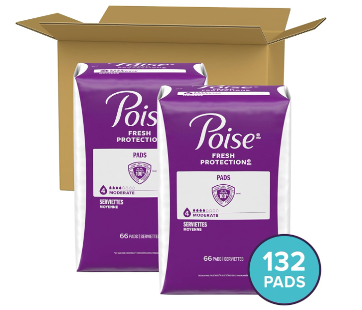 Poise Incontinence & Postpartum Pads for Bladder Leaks, 4 Drop Moderate Absorbency, Regular Length, 132 Count
