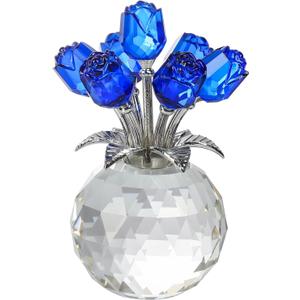 Blue Rose Flower Crystal Figurine with Vase, Bouquet Flowers Ornament Gifts for Wife Girlfriend Women , Handmade Crystal Flower Collectible Home Table Decor for Valentine's Day Wedding Anniversary