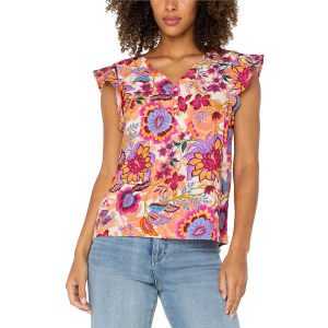 Floral Print V-Neck Flutter Sleeve Shirt, L