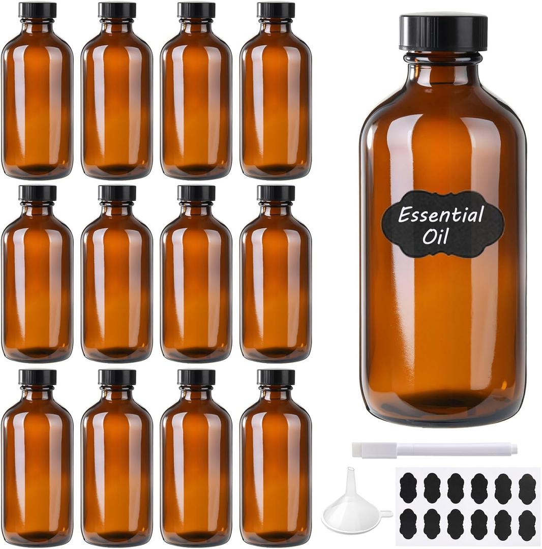 12 Pack 8 oz Amber Glass Boston Bottle With Black Poly Cap, Funnel, Chalk Labels, Pen, Dispensing Bottles for Homemade Vanilla Extract, Essential Oils, Herbal Medicine, Wedding Christmas Decor